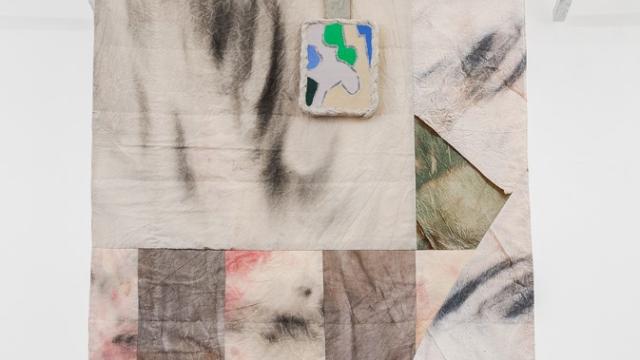 Kate Tucker, Care Banner 2, 2021, 140 x 115cm, Calico, digitally printed cotton, bumph, Acrylic, thread, linen, encaustic, oil, acrylic mediums, board, earthenware, underglaze, bronze rod. Courtesy of the artist and Daine Singer. Photograph: Christo Crocker.