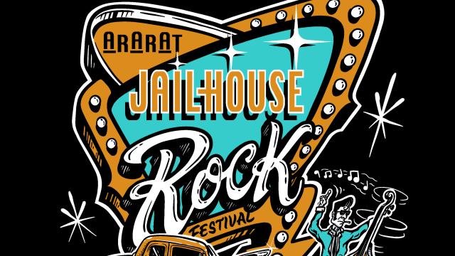 Illustrated poster for the Ararat Jailhouse Rock Festival 2025, featuring classic cars, a pinup illustration, and musical notes, with text "Ararat Jailhouse Rock Festival" in a retro style.