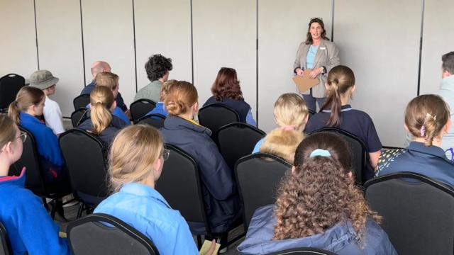 Mayor Cr Jo Armstrong speaking to students