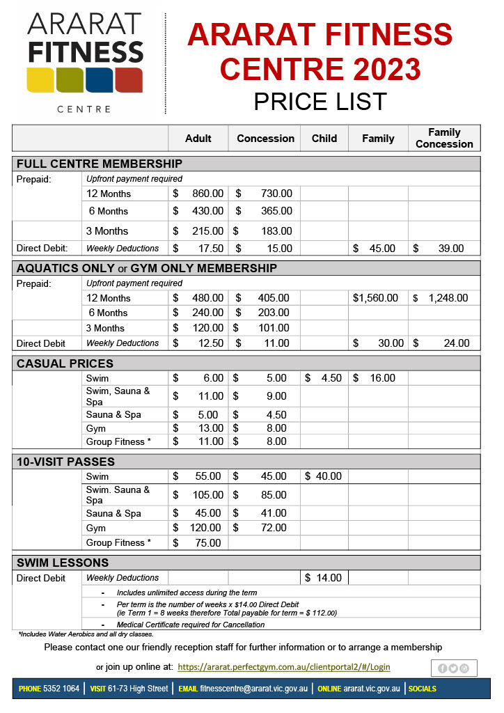 Ararat Fitness Centre Price List 2023