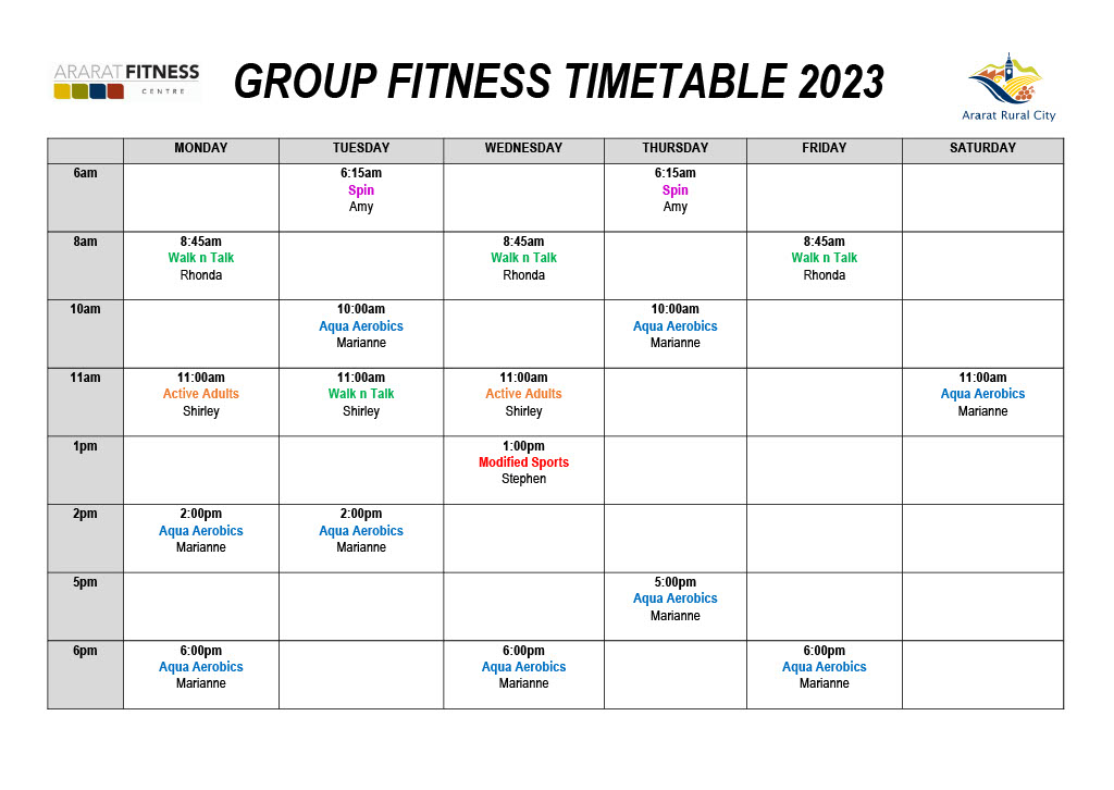 Ararat Fitness Centre Timetable 2023