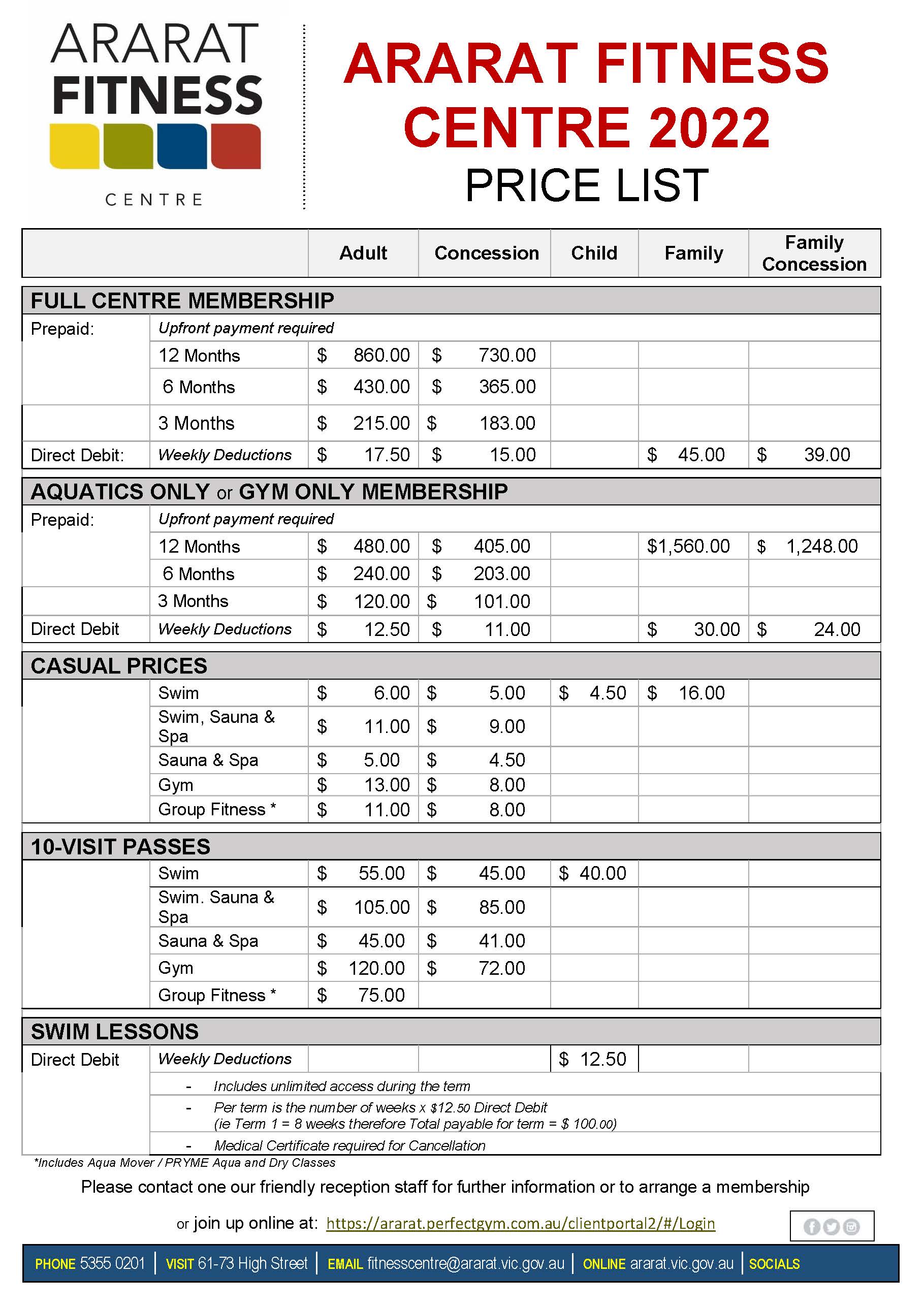 Fitness Centre Price List 2022