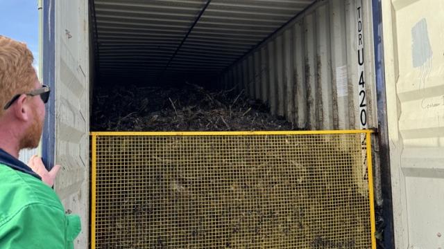 Man holding open the door of a shipping container, inside of which is a large yellow grate holding in composting material