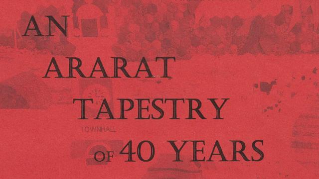 Deep red promotional flyer with exhibition title printed, and low opacity image in background of Ararat Town Hall with people