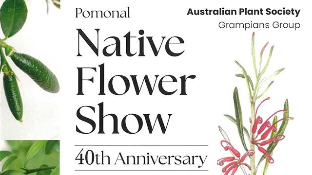Promotional flyer for Pomonal Flower Show with various native plant graphics around the title