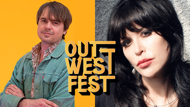 Composite photo of a man and a woman with a logo for Out West Fest in the middle