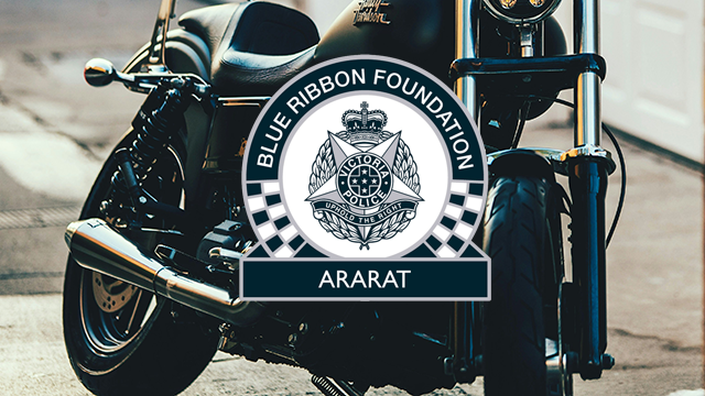 A harley davidson motorcycle with the logo for Ararat Blue Ribbon Police