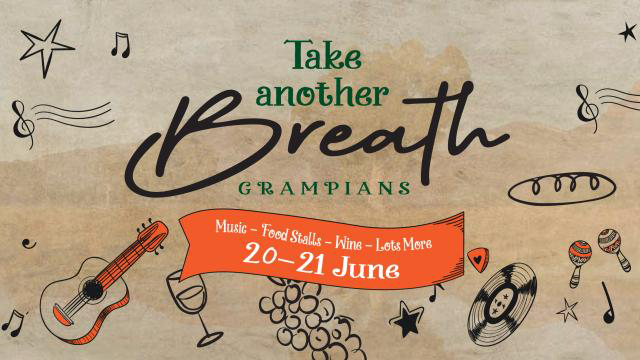 Logo for 'Take Another Breath' with little pictures of bread, wine, and other produce
