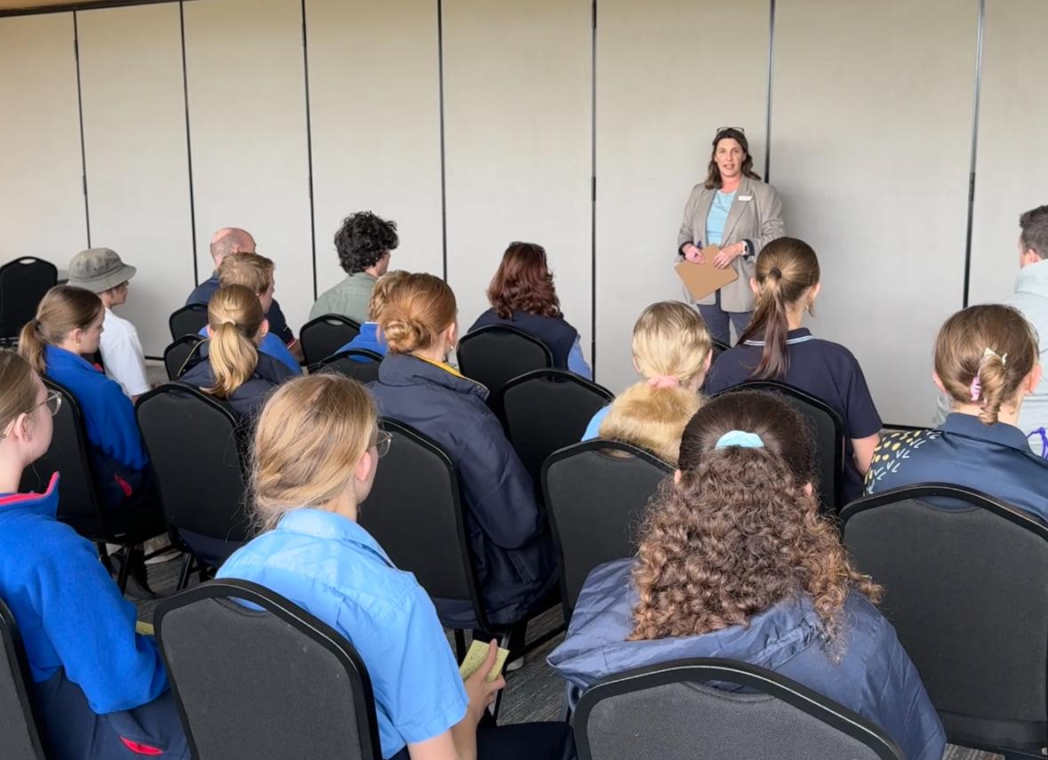 Mayor Cr Jo Armstrong speaking to students