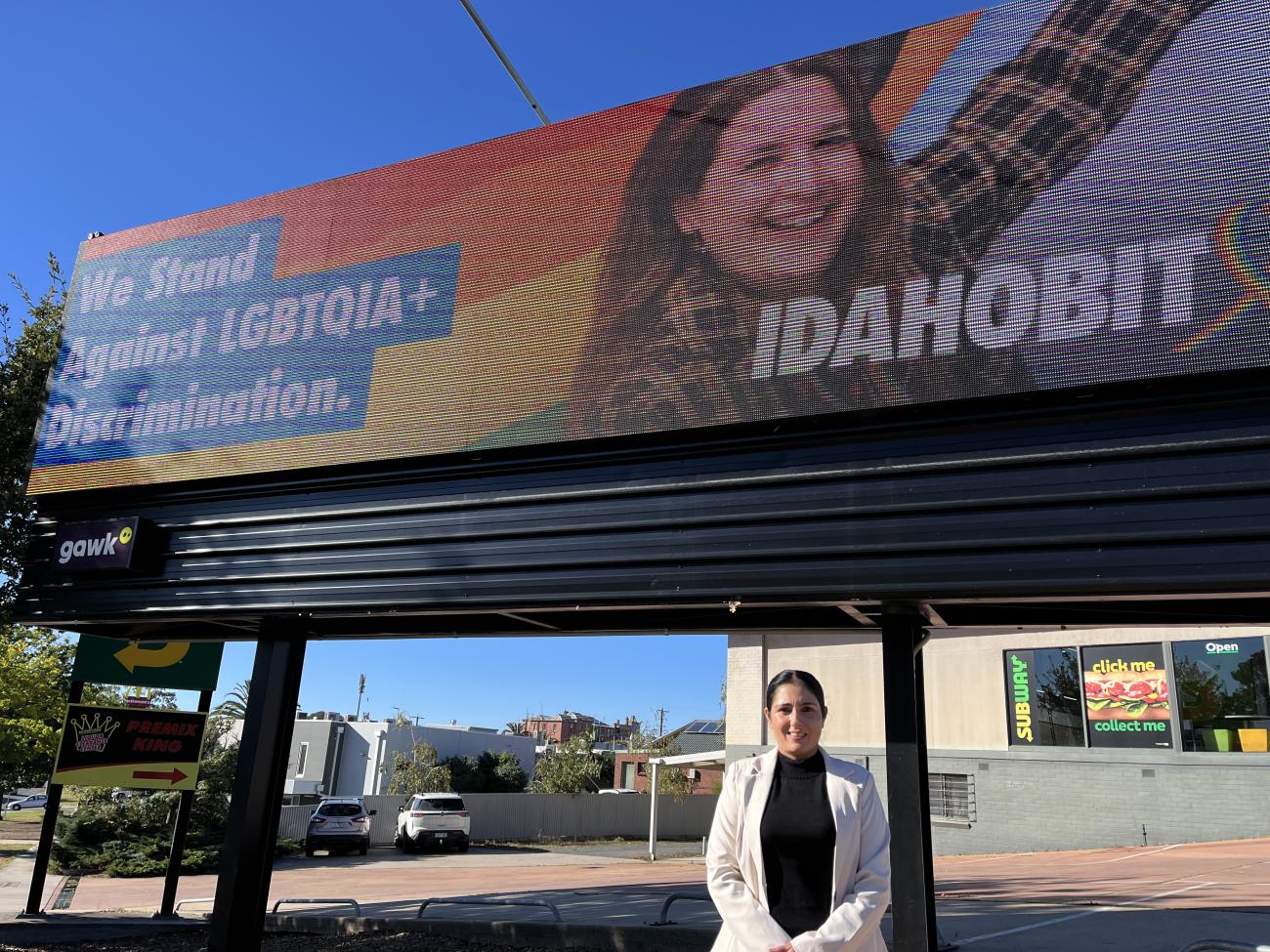 Dep Mayor Cr Teli Kaur for IDAHOBIT billboard on western highway